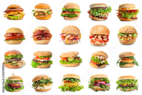 Set of many different tasty burgers isolated on white