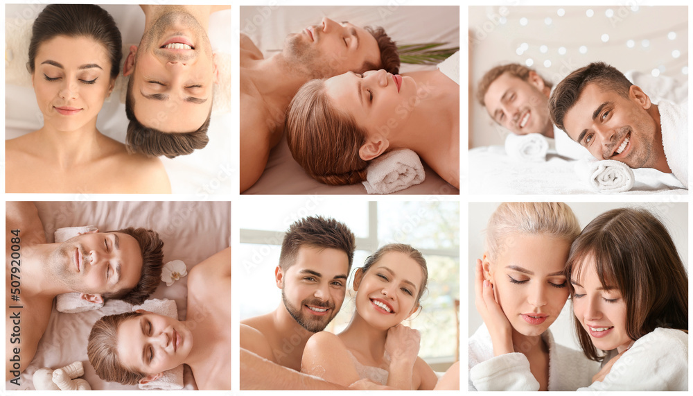 Fototapeta premium Collage with young couples relaxing in spa salon