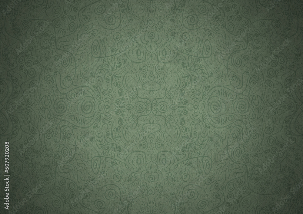 Hand-drawn unique abstract symmetrical seamless ornament. Dark semi transparent green on a light warm green with vignette of a darker background color. Paper texture. A4. (pattern: p06a) Hand-drawn unique abstract symmetrical seamless ornament. Dark semi transparent green on a light warm green with vignette of a darker background color. Paper texture. A4. (pattern: p06a)