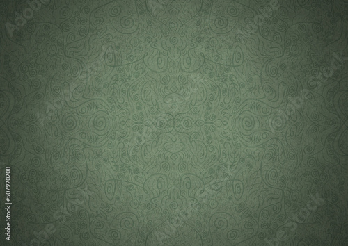 Hand-drawn unique abstract symmetrical seamless ornament. Dark semi transparent green on a light warm green with vignette of a darker background color. Paper texture. A4. (pattern: p06a)