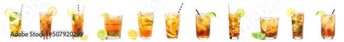 Glasses of tasty Long Island iced tea on white background