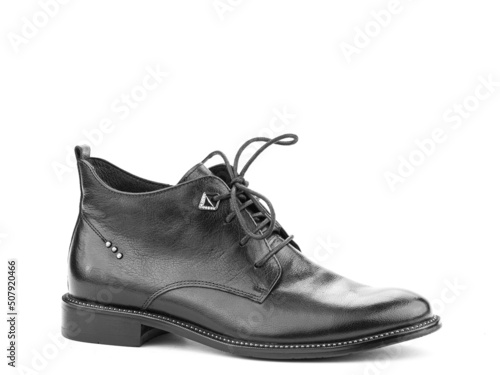 Men's autumn black leather jodhpur boots with laces and average heels, isolated white background. Right side view. Fashion shoes.