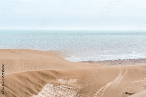 Sand blown from a large dune by the wind with the horizon in the sea behind it. 