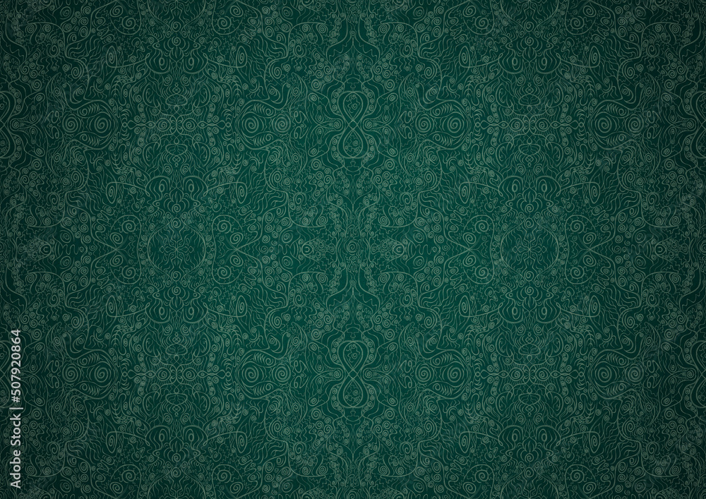 Fototapeta premium Hand-drawn unique abstract symmetrical seamless ornament. Bright green on a deep cold green with vignette of a darker background color. Paper texture. Digital artwork, A4. (pattern: p06b)