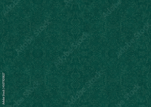 Hand-drawn unique abstract symmetrical seamless ornament. Bright semi transparent green on a deep cold green background. Paper texture. Digital artwork, A4. (pattern: p06b)