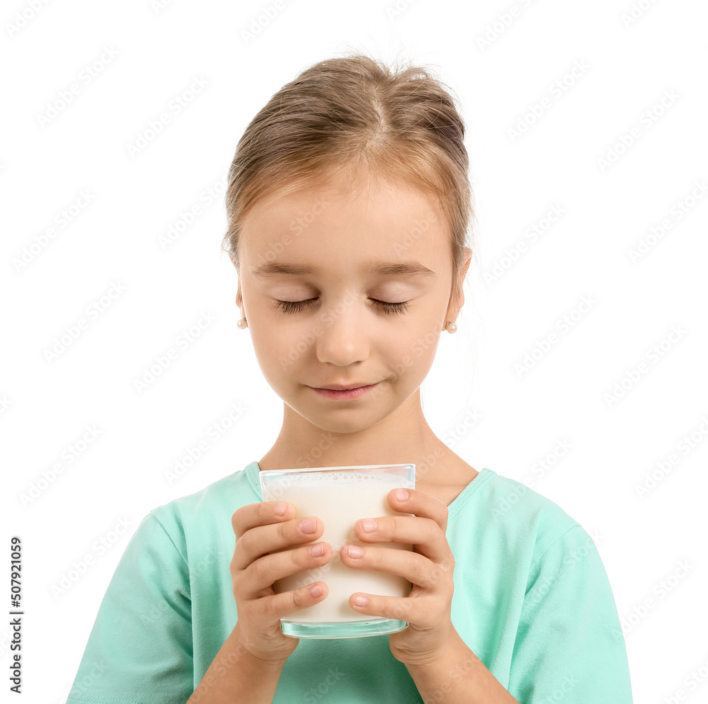 Girl with closed eyes holding glass of milk on white background Girl with closed eyes holding glass of milk on white background