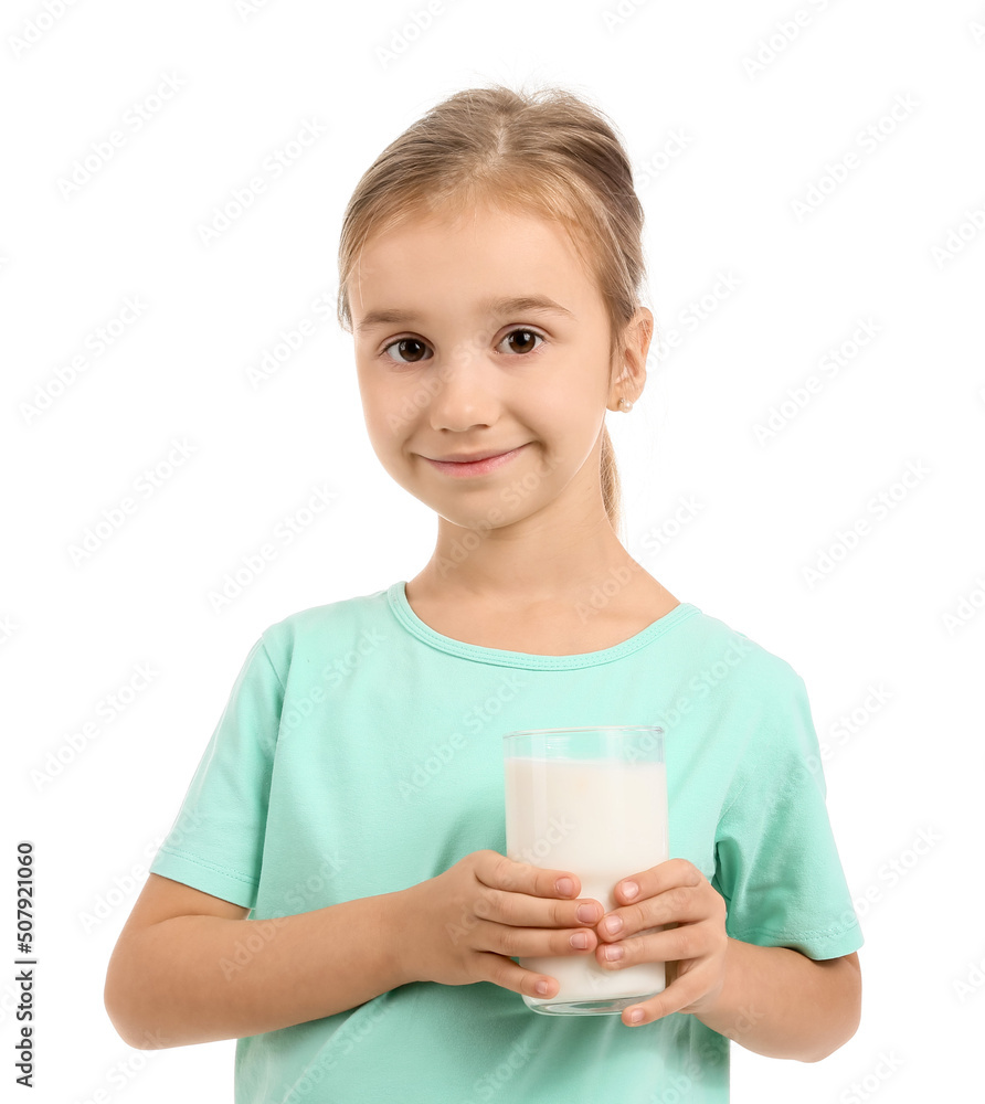 Portrait of little girl with glass of milk on white background Portrait of little girl with glass of milk on white background