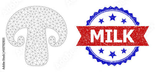 Mesh net champignon polygonal framework illustration, and bicolor rubber Milk seal stamp. Red stamp seal has Milk caption inside ribbon and blue rosette. Vector carcass polygonal net champignon icon.