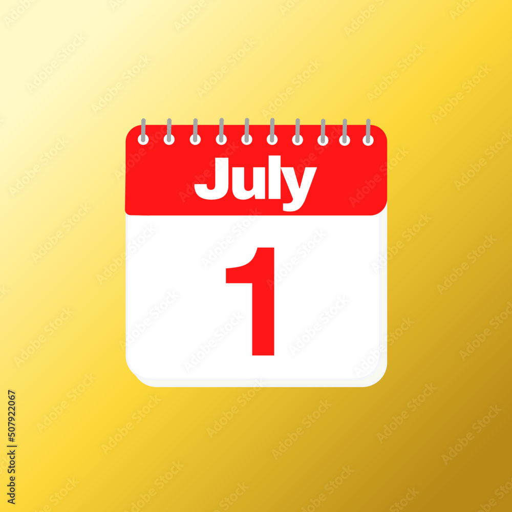 Day 1 of July month with red calendar design and yellow background with 3d shadow Day 1 of July month with red calendar design and yellow background with 3d shadow