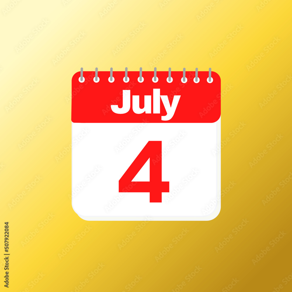 Day 4 of July month with red calendar design and yellow background with 3d shadow Day 4 of July month with red calendar design and yellow background with 3d shadow