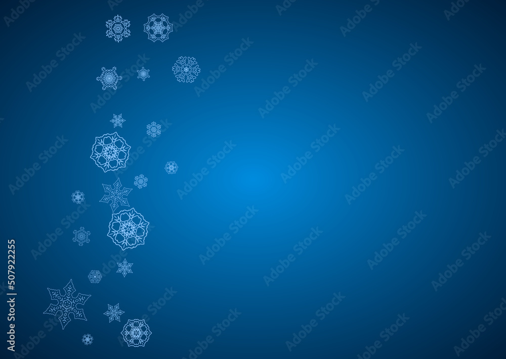 New Year snowflakes on blue background with sparkles. Horizontal Christmas and New Year snowflakes falling. For season sales, special offer, banners, cards, party invites, flyer. White frosty snow New Year snowflakes on blue background with sparkles. Horizontal Christmas and New Year snowflakes falling. For season sales, special offer, banners, cards, party invites, flyer. White frosty snow