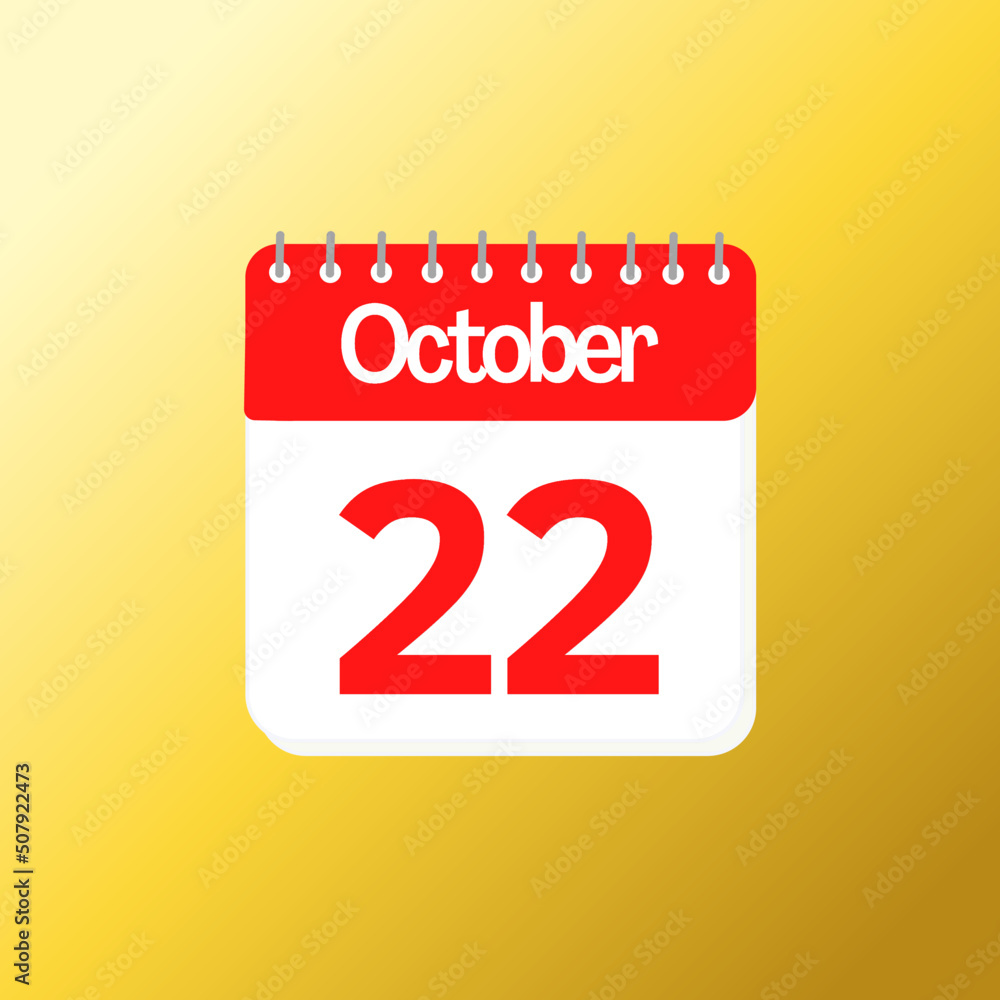 Day 22 of October month with red calendar design and yellow background with 3d shadow Day 22 of October month with red calendar design and yellow background with 3d shadow