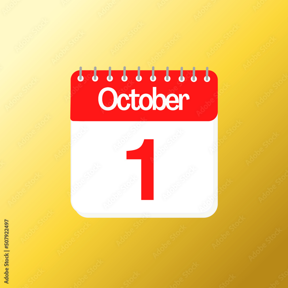 Day 1 of October month with red calendar design and yellow background with 3d shadow Day 1 of October month with red calendar design and yellow background with 3d shadow