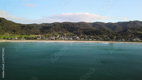 Scenic aerial pan of quiet holiday town in New Zealand