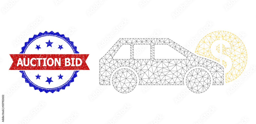 Mesh net car leasing polygonal carcass icon, and bicolor dirty Auction Bid seal. Red seal includes Auction Bid caption inside ribbon and blue rosette. Vector frame polygonal net car leasing icon.