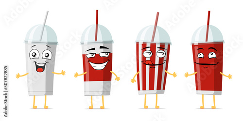 Disposable soft drink cup with straw funny smiling cartoon character set. Beverage mug cute happy face mascot collection. Vector soda and cocktail emoticons eps illustration