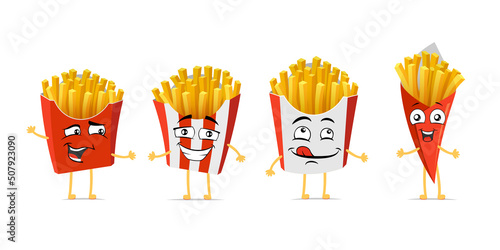 French fries funny smiling cartoon character set. Roasted potatoes cute happy face expression mascot collection. Different fast food packages joyful comic emoticons vector eps illustration