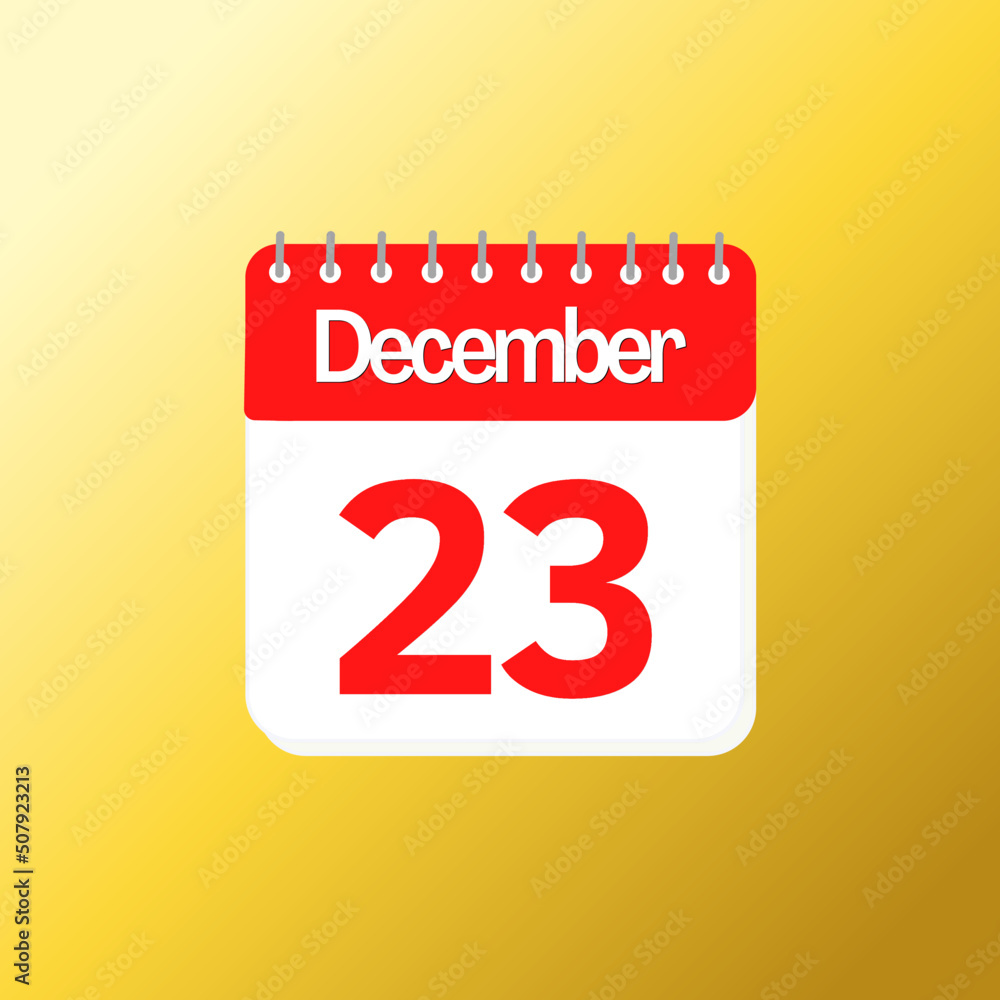Day 23 of December month with red calendar design and yellow background with 3d shadow Day 23 of December month with red calendar design and yellow background with 3d shadow