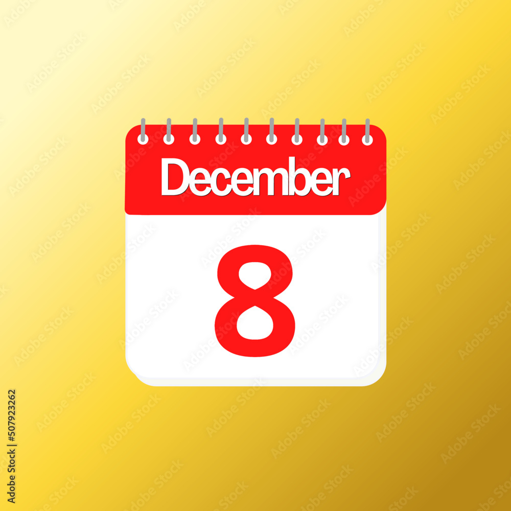 Day 8 of December month with red calendar design and yellow background with 3d shadow Day 8 of December month with red calendar design and yellow background with 3d shadow