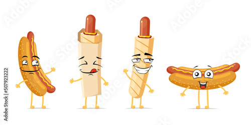 Hot dog funny smiling cartoon character set. Cooked french sausage in bun cute happy face expression mascot collection. Different fast food joyful comic emoticons vector eps illustration photo