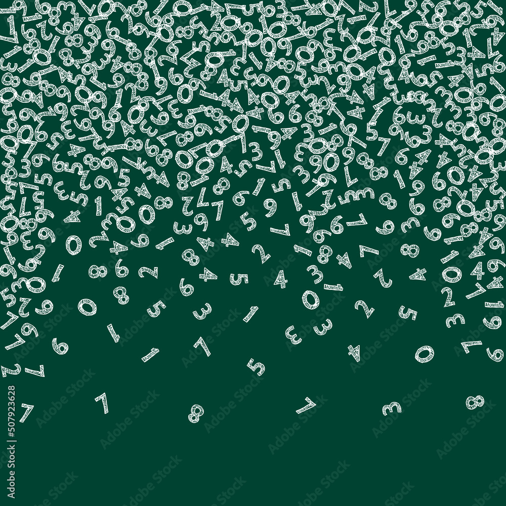 Falling handdrawn chalk numbers. Math study concept with flying digits. Superb back to school mathematics banner on blackboard background. Falling numbers vector illustration.