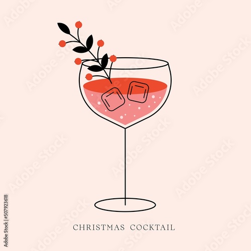 Christmas and new year cocktail illustration. Icon of wineglass. festive glass of alcohol. branch of berries and ice. fresh drink. 