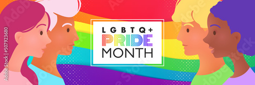 PRIDE month banner with portraits of LGBTQ plus diverse people on rainbow flag background