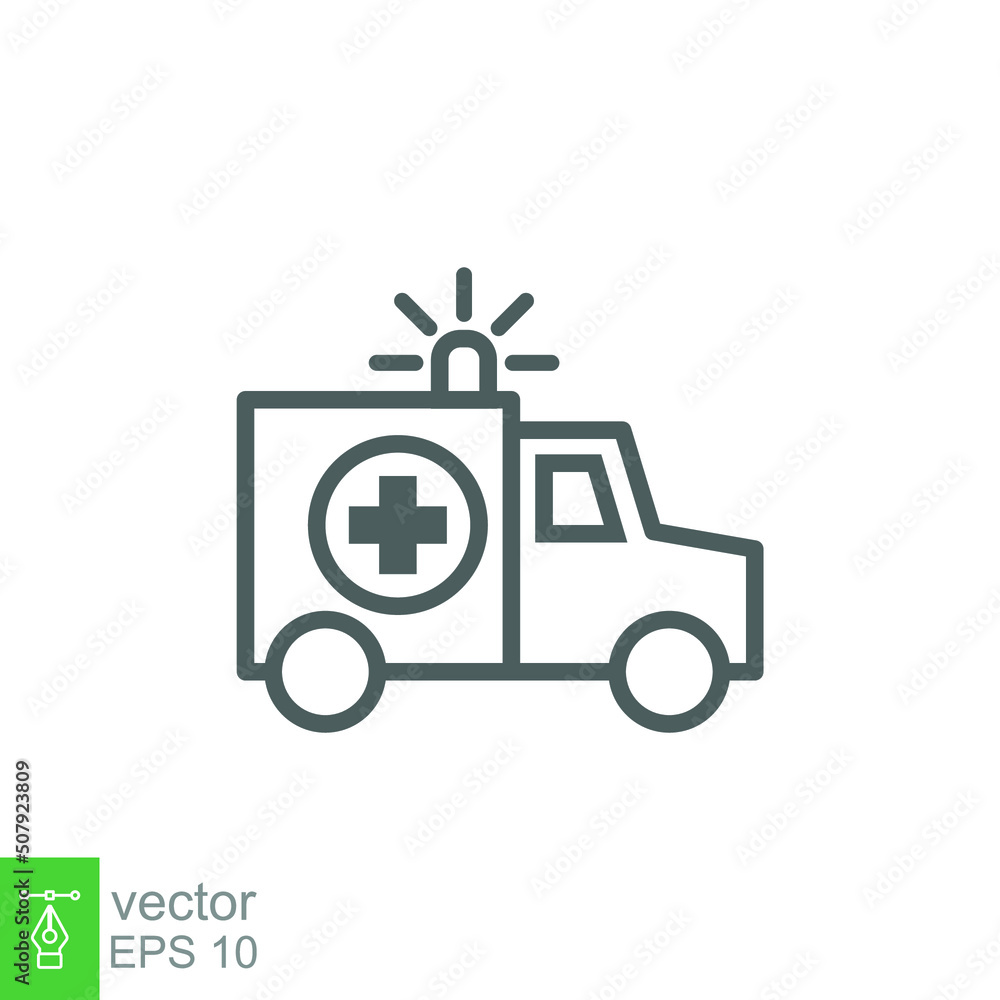Ambulance icon, outline emergency car, medicine van, care medic support, thin line web symbol on white background. Vector illustration EPS 10. Ambulance icon, outline emergency car, medicine van, care medic support, thin line web symbol on white background. Vector illustration EPS 10.