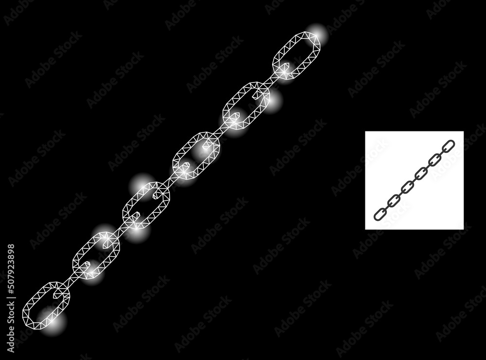 Flare net chain glare icon with light spots. Illuminated vector model based on chain icon. Sparkle carcass mesh chain on a black background. Linear carcass flat mesh in vector format.