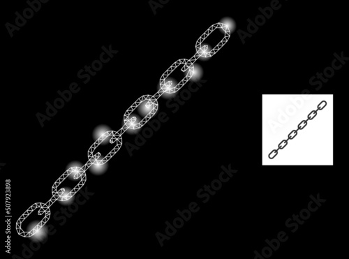 Flare net chain glare icon with light spots. Illuminated vector model based on chain icon. Sparkle carcass mesh chain on a black background. Linear carcass flat mesh in vector format.