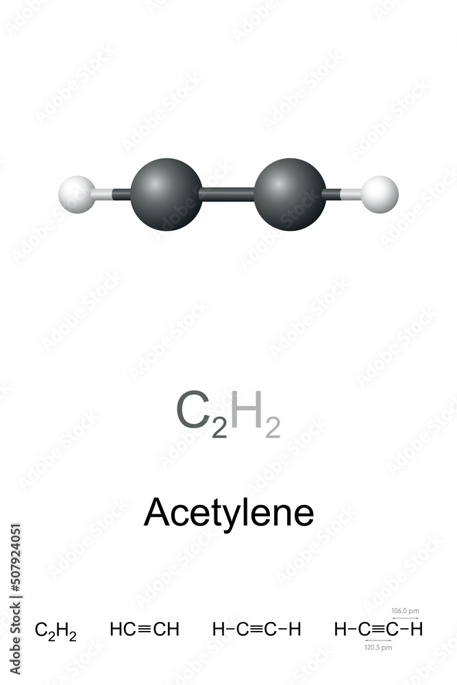 Acetylene, ethyne, ball-and-stick model, molecular and chemical formula ...