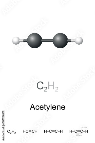 Acetylene, ethyne, ball-and-stick model, molecular and chemical formula. C2H2, hydrocarbon and simplest alkyne. Used as fuel, for welding, cutting and for carbide lamps and as chemical building block.