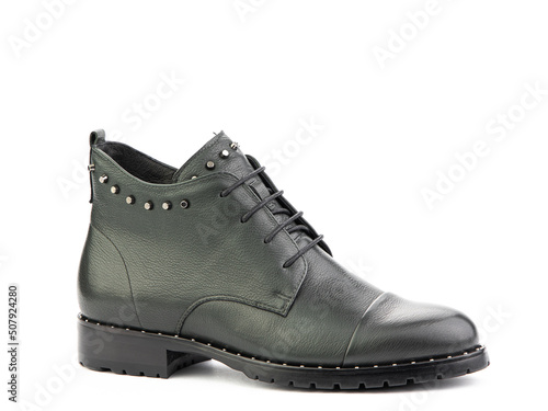 Men's autumn green leather jodhpur boots with laces and average heels, isolated white background. Right side view. Fashion shoes.