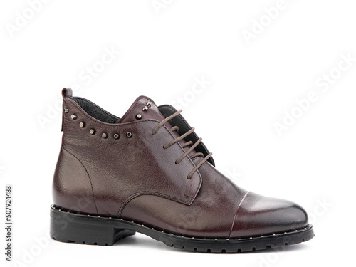 Men's autumn brown leather jodhpur boots with laces and average heels, isolated white background. Right side view. Fashion shoes.