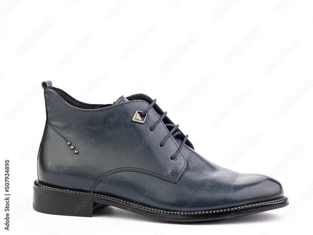 Men's autumn blue leather jodhpur boots with laces and average heels, isolated white background. Right side view. Fashion shoes. Men's autumn blue leather jodhpur boots with laces and average heels, isolated white background. Right side view. Fashion shoes.