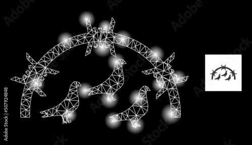 Flare network bird prison constellation icon with light spots. Illuminated vector constellation based on bird prison glyph. Sparkle frame mesh bird prison on a black background.