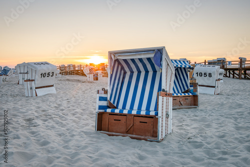 Fotobehang Sunset on the beach, Sankt Peter-Ording, North Sea, Schleswig-Holstein, Germany