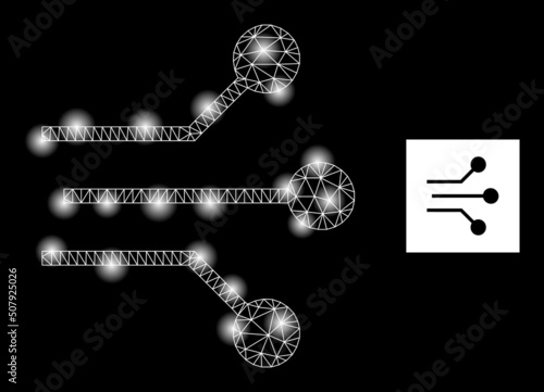 Flare mesh circuit links glare icon with lightspots. Illuminated vector model based on circuit links picture. Sparkle carcass mesh circuit links on a black background.