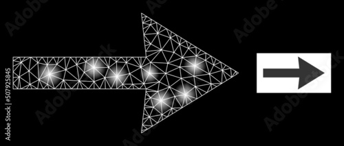 Flare mesh right arrow constellation icon with light spots. Illuminated vector constellation based on right arrow pictogram. Sparkle carcass mesh right arrow on a black background.