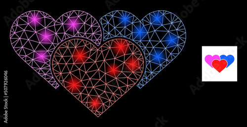 Glowing net lovely hearts constellation icon with light spots. Illuminated vector constellation based on lovely hearts icon. Sparkle frame polygonal lovely hearts on a black background.