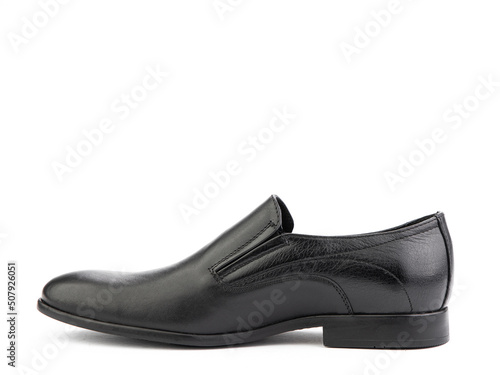 Obraz na płótnie Vintage black men's Loafer Shoes. Closeup. Advertising shot. Leather shoes. Concept closeup shoes. Isolated object close up on white background. w salonie