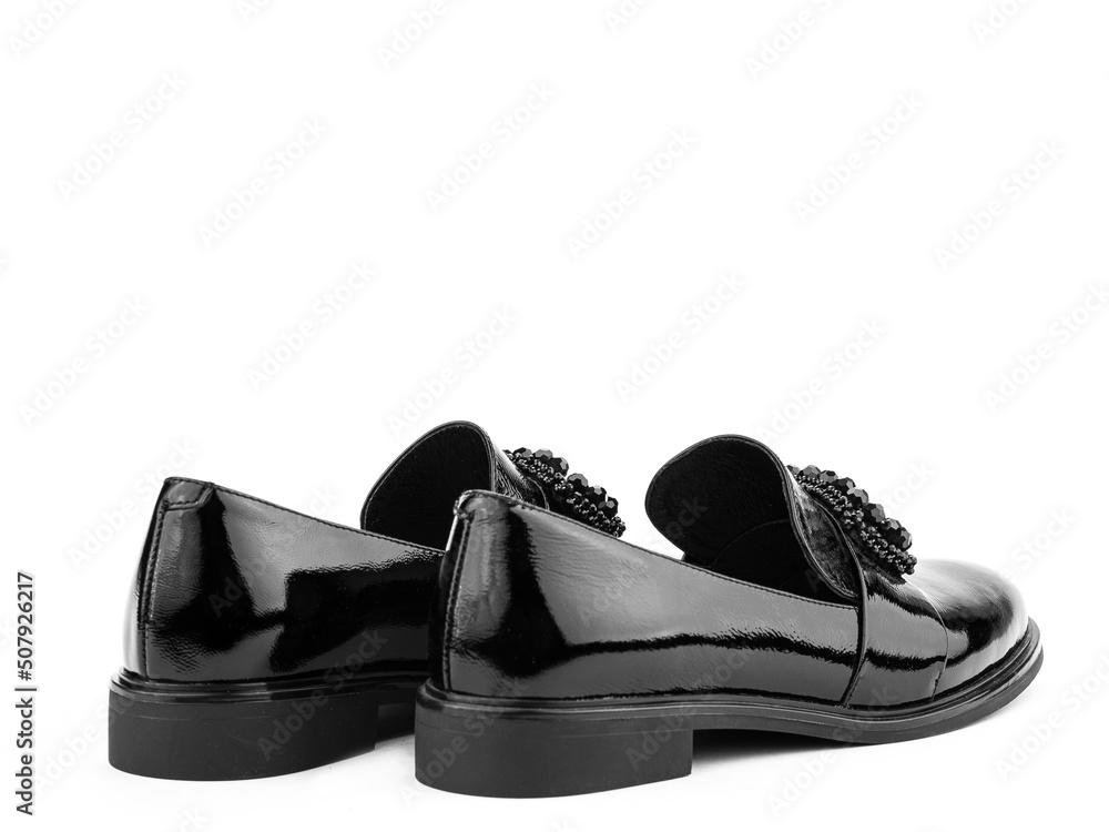 Vintage Women's Loafer Shoes. Closeup. Advertising shot. Leather shoes. Concept closeup shoes. Isolated object close up on white background.