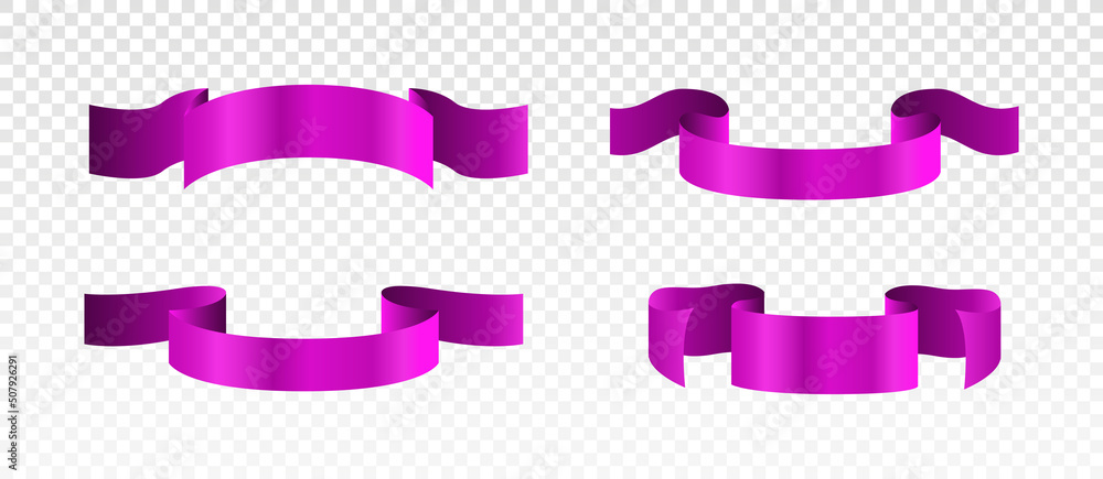 Set of violet ribbons. Decoration of awards, cups and trophies. Place for text and banner or poster for congratulations. Cartoon isometric vector illustrations isolated on transparent background