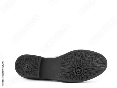Obraz na płótnie Sole for shoes, bottom view. Shoe sole close-up isolated on white background. place for text. Element of boots. Concept of production of shoe. w salonie