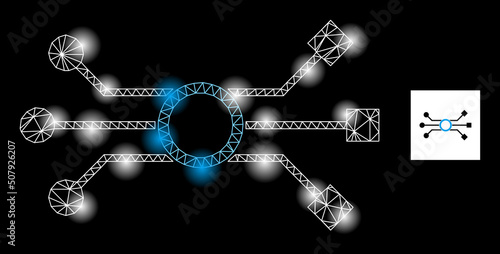 Glossy mesh circuit scheme constellation icon with light spots. Illuminated vector constellation is created from circuit scheme icon. Sparkle carcass mesh circuit scheme on a black background.
