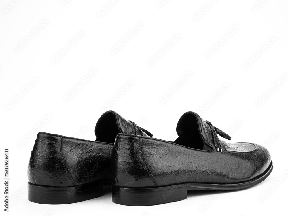 Vintage Men's Loafer Shoes. Closeup. Advertising shot. Leather shoes. Concept closeup shoes. Isolated object close up on white background.
