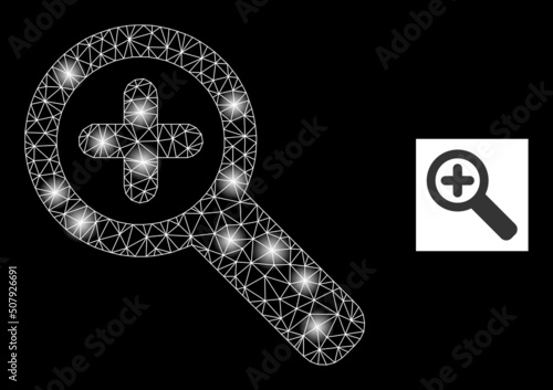 Glossy mesh zoom in constellation icon with lightspots. Illuminated vector constellation based on zoom in icon. Sparkle carcass polygonal zoom in on a black background.