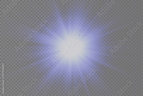 Glow bright light star, blue sun rays, sunshine.