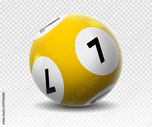Lotto ball 7. Gambling, graphic elements for website. Yellow ball with number seven. Sphere with shadow, interface elements for games, poster or banner. Realistic isometric vector illustration
