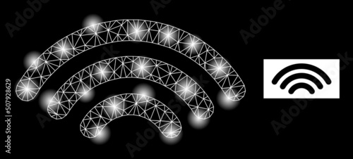 Glowing mesh hotspot signal glare icon with light spots. Illuminated vector constellation based on hotspot signal icon. Sparkle frame mesh hotspot signal on a black background.